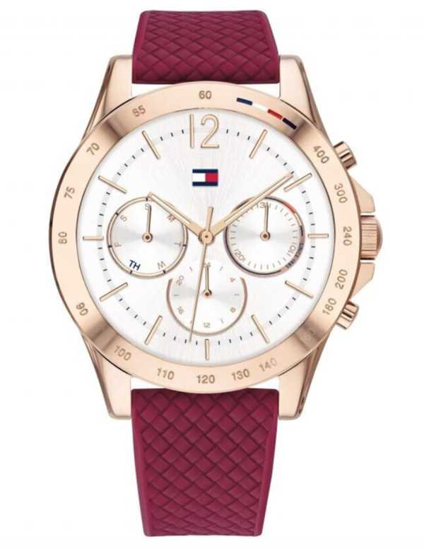 Montre Tommy Hilfiger Haven à Quartz avec Cadran Blanc et Bracelet en Caoutchouc Rouge pour Femme