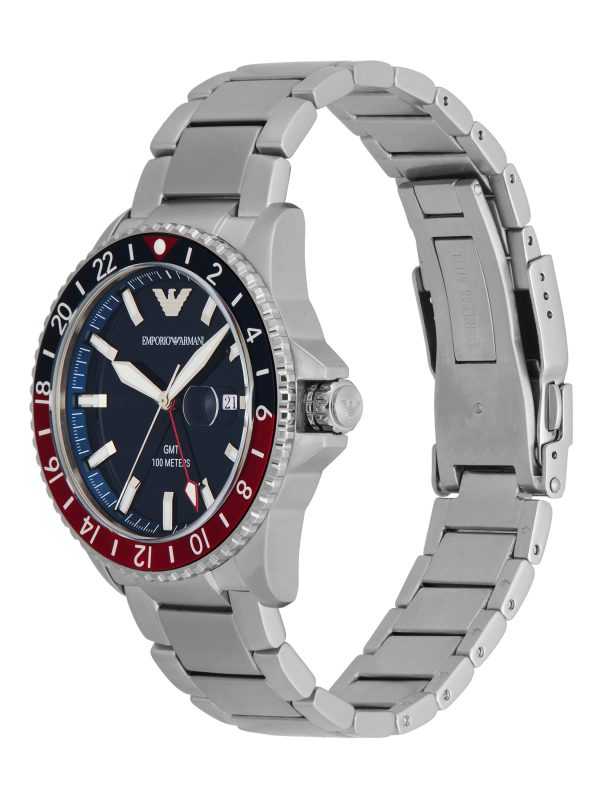 Montre Emporio Armani GMT double fuseau horaire en acier inoxydable argenté pour homme