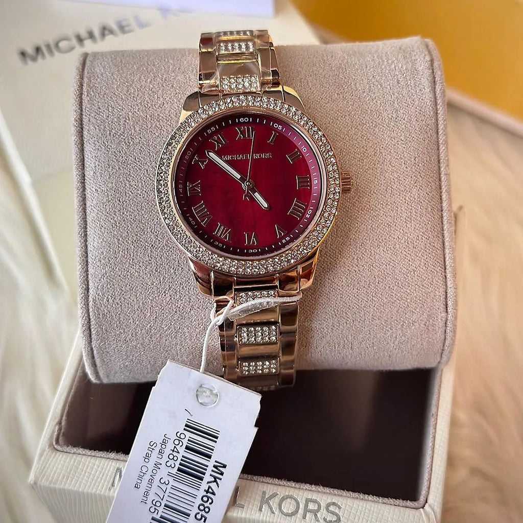 Montre Femme Michael Kors Tibby Multifonction avec Cristaux Cadran Marron Bracelet en Acier Rose Doré - MK4685