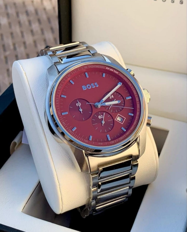 Bôss Burgundy Dial Chronograph Watch with Link Bracelet