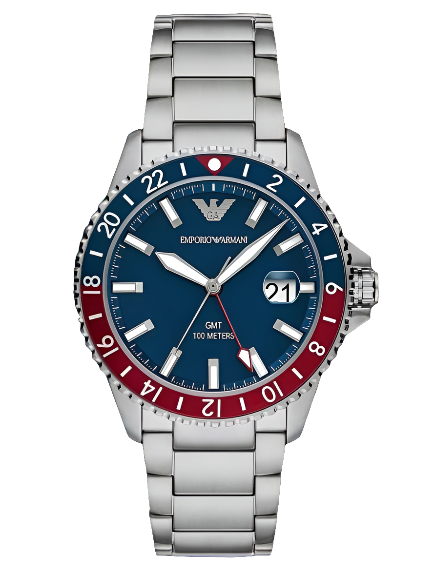 Montre Emporio Armani GMT double fuseau horaire en acier inoxydable argenté pour homme