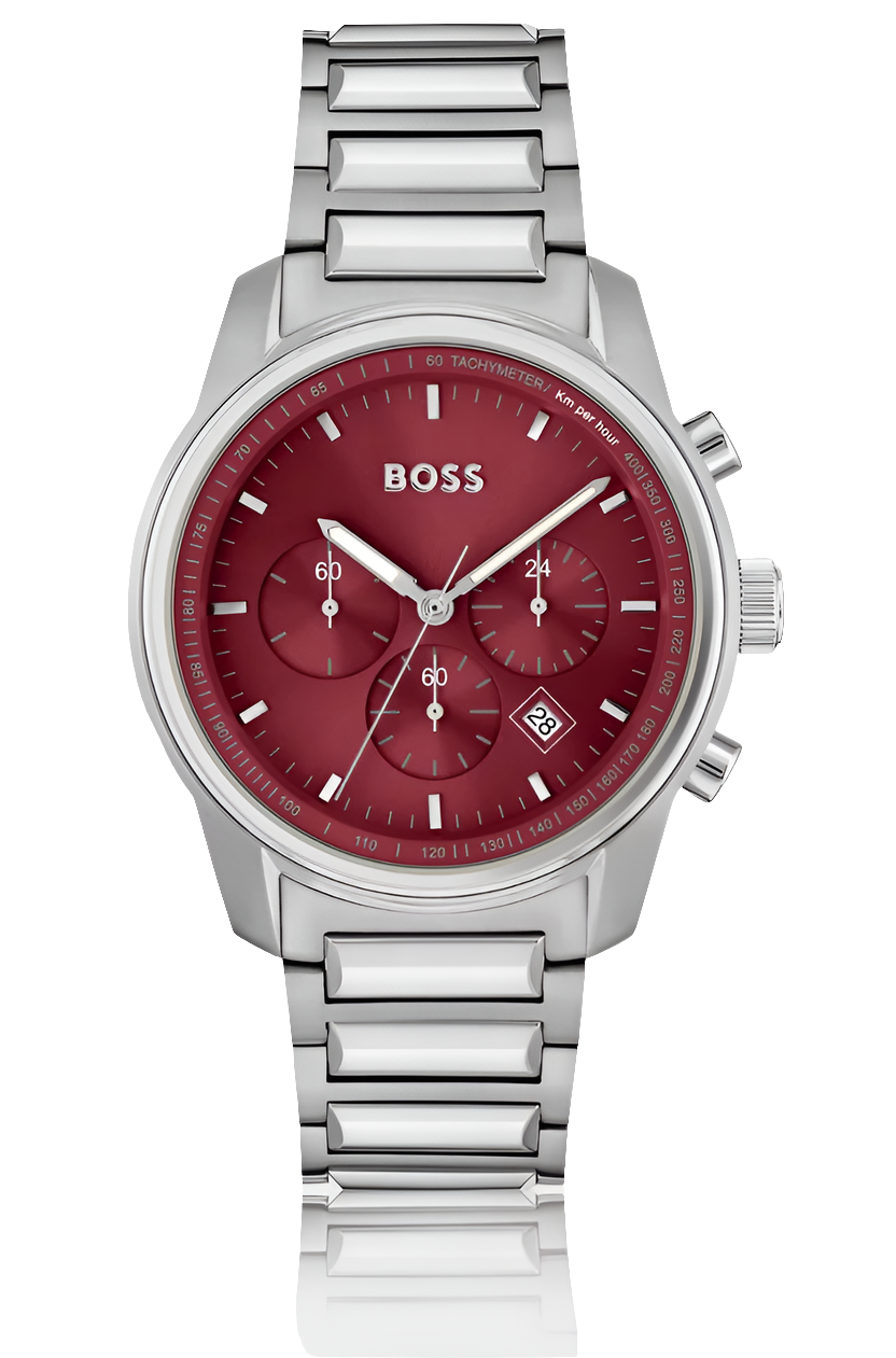 Bôss Burgundy Dial Chronograph Watch with Link Bracelet