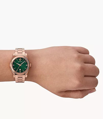 Montre Emporio Armani trois aiguilles avec date, en acier inoxydable doré rose