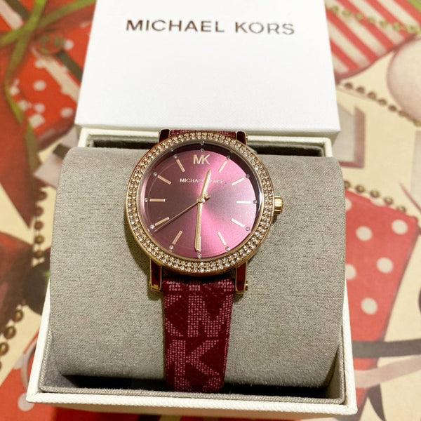 Women's Michael Kors Curie Watch, Red Dial and Red Leather Strap, Crystals - MKO1025