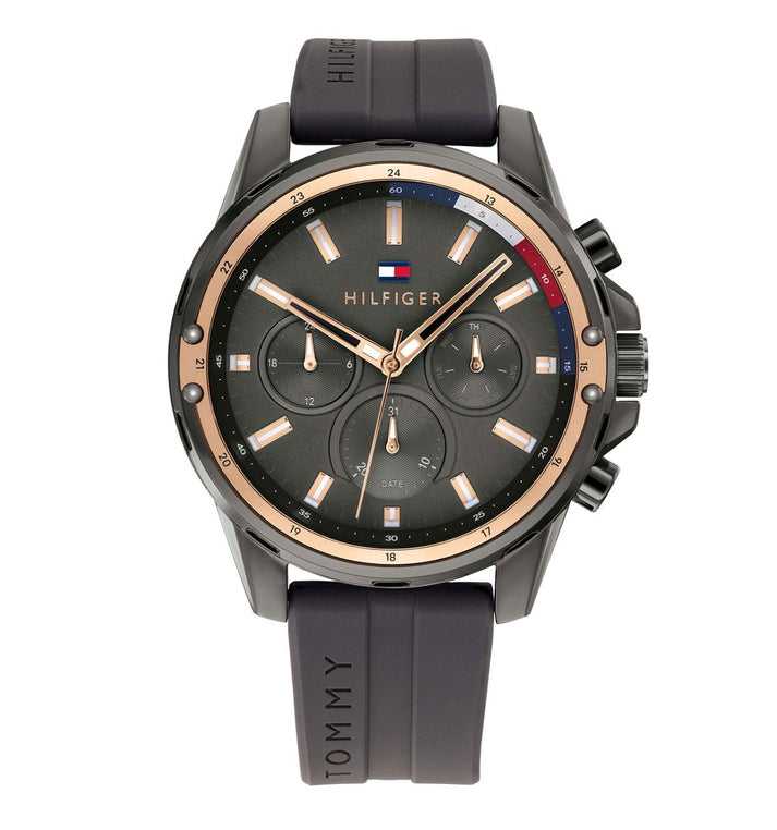 TMY Hilfiger Montre Homme Quartz Bracelet Silicone Cadran Gris