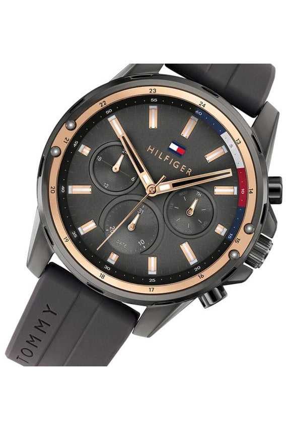 TMY Hilfiger Montre Homme Quartz Bracelet Silicone Cadran Gris