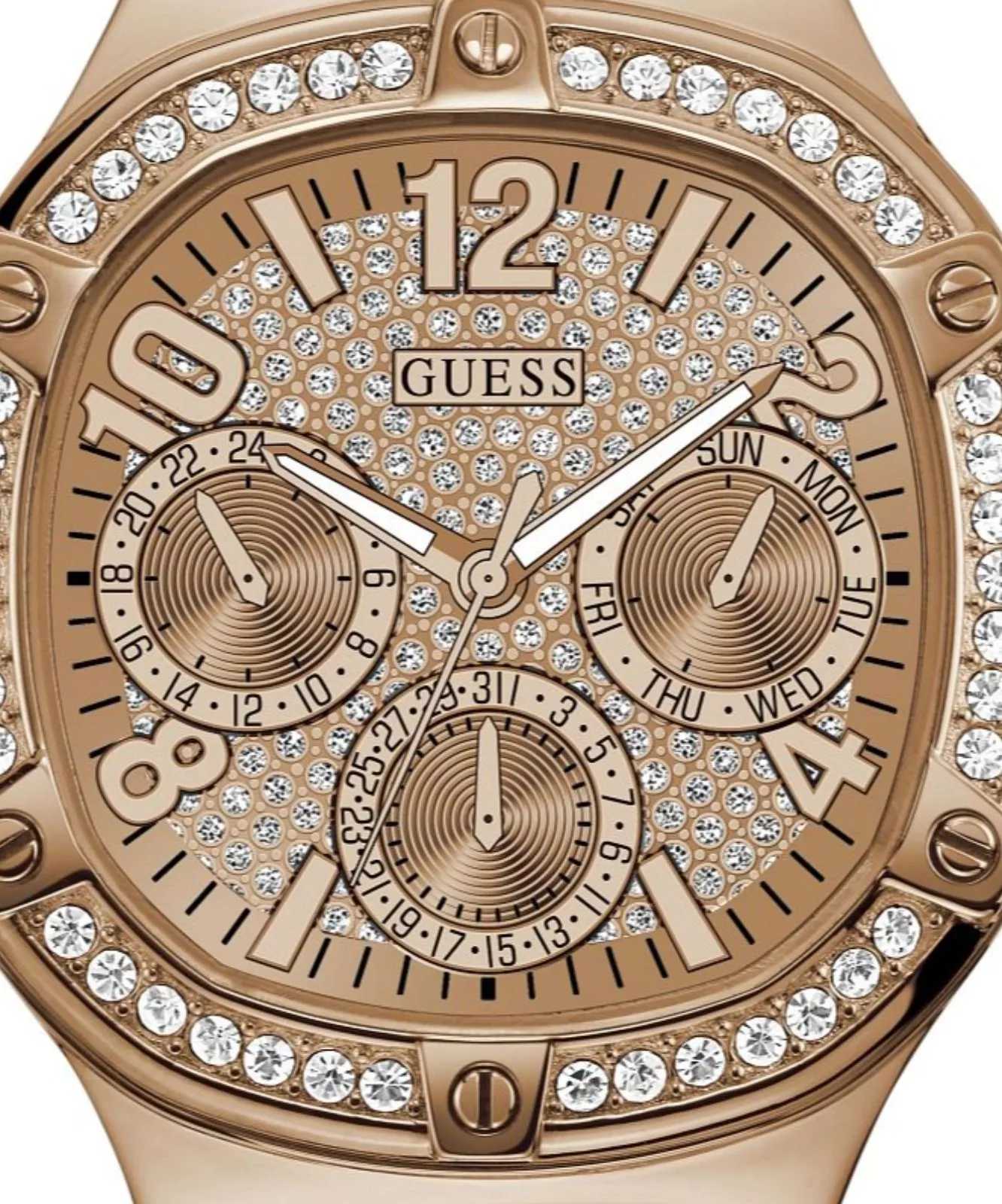 Guess Duchess Rose Gold Dial Square Case Multi Function Women Watch