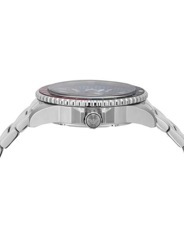 Montre Emporio Armani GMT double fuseau horaire en acier inoxydable argenté pour homme
