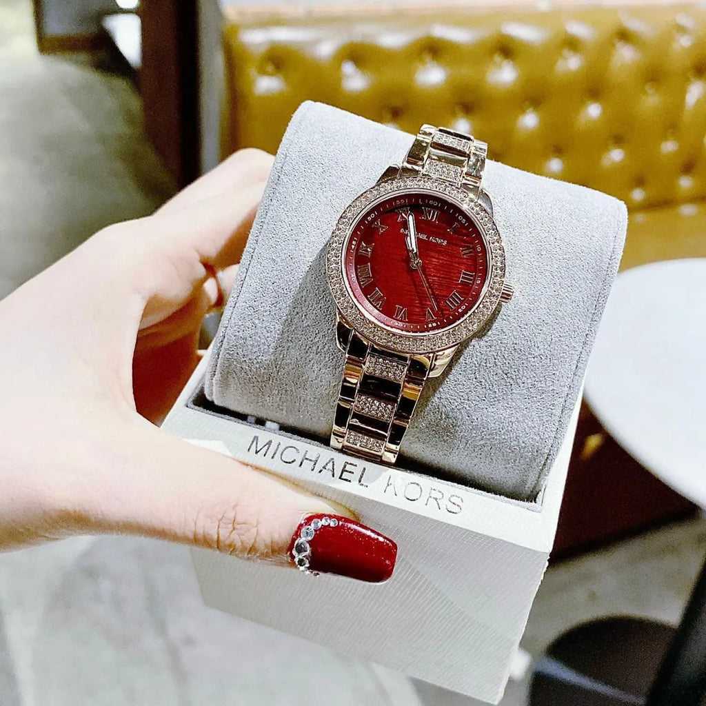 Montre Femme Michael Kors Tibby Multifonction avec Cristaux Cadran Marron Bracelet en Acier Rose Doré - MK4685