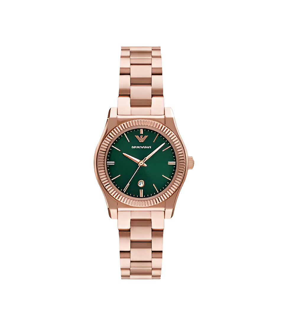 Montre Emporio Armani trois aiguilles avec date, en acier inoxydable doré rose