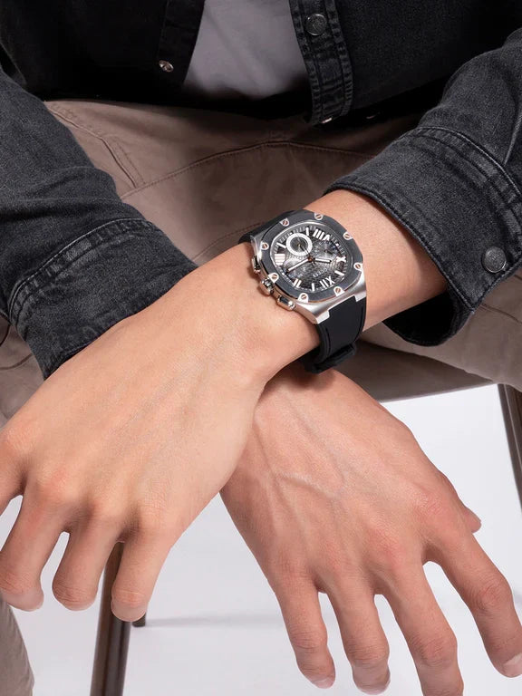 Montre multifonction GUESS homme bordeaux et gris acier, GW0571G1