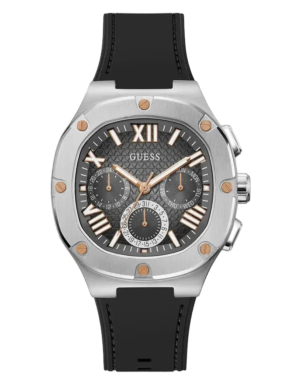 Montre multifonction GUESS homme bordeaux et gris acier, GW0571G1