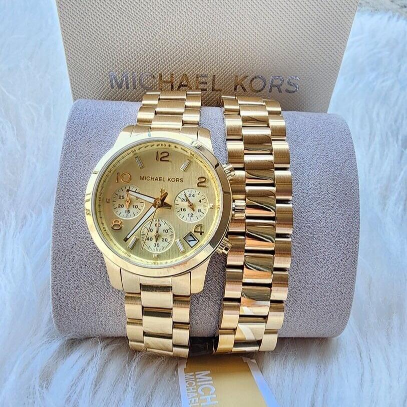 Michael Kors Runway Women's Analog Chronograph Gold-Tone Dial Gold-Tone Steel Bracelet Watch - MK7452