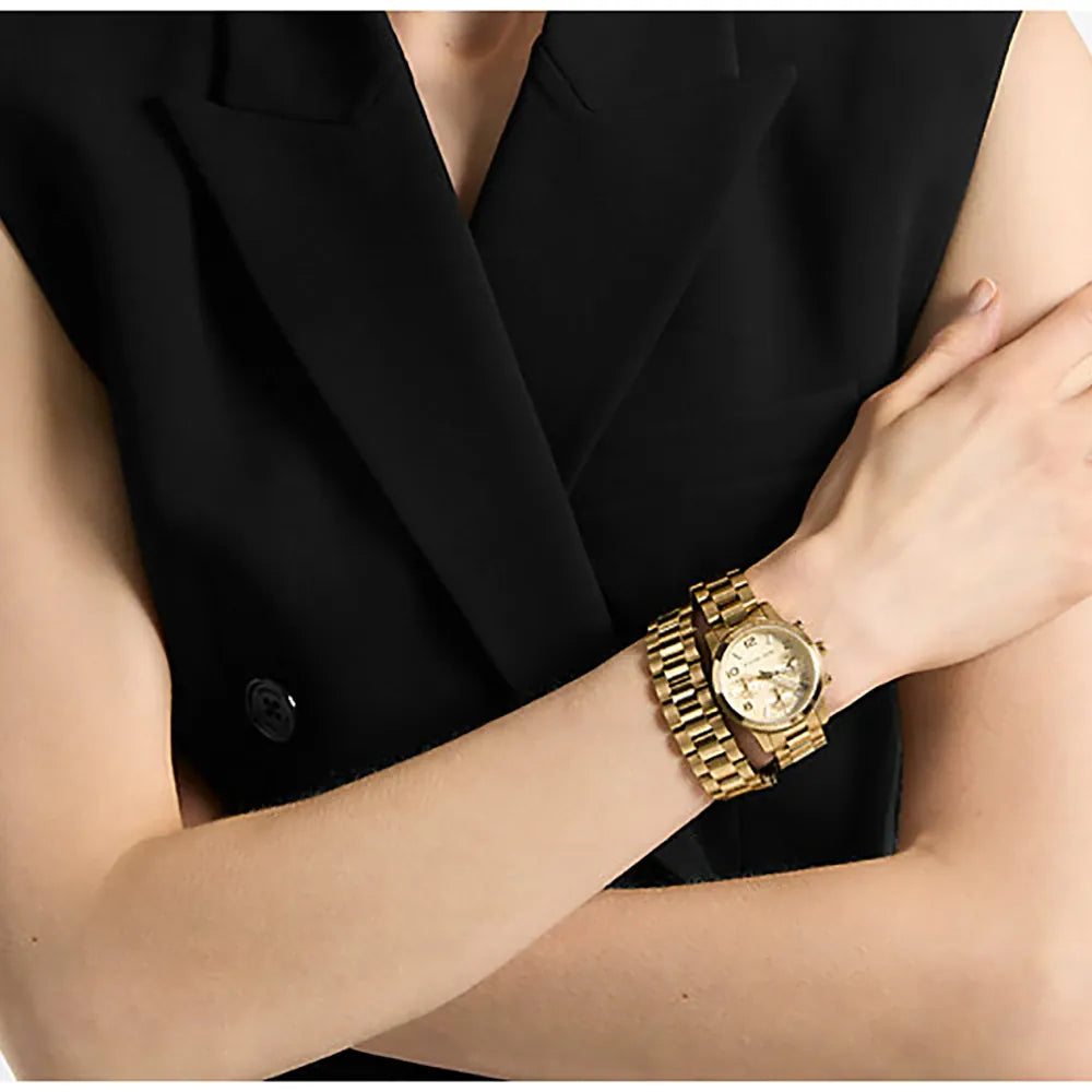 Michael Kors Runway Women's Analog Chronograph Gold-Tone Dial Gold-Tone Steel Bracelet Watch - MK7452