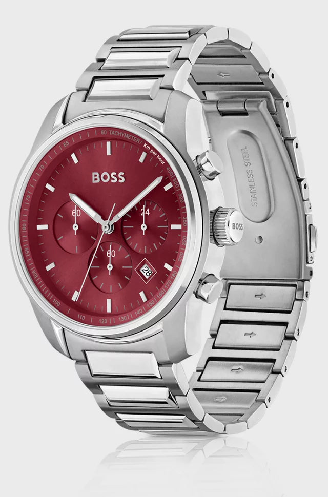 Bôss Burgundy Dial Chronograph Watch with Link Bracelet