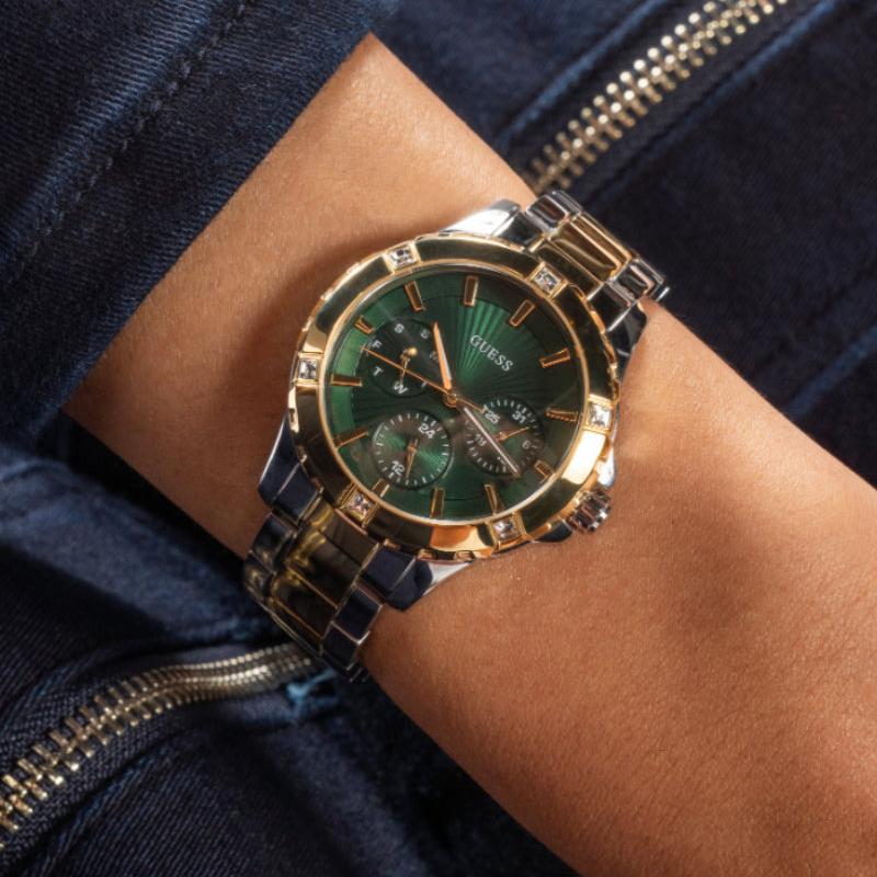Montre analogique Guess Mist pour femme avec cadran vert et bracelet en acier bicolore - GW0723L1