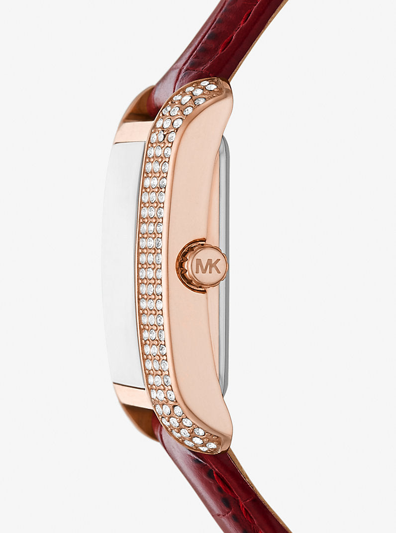 MK Montre Emery miniature de ton or rose à pavé et à bracelet en cuir gaufré façon crocodile