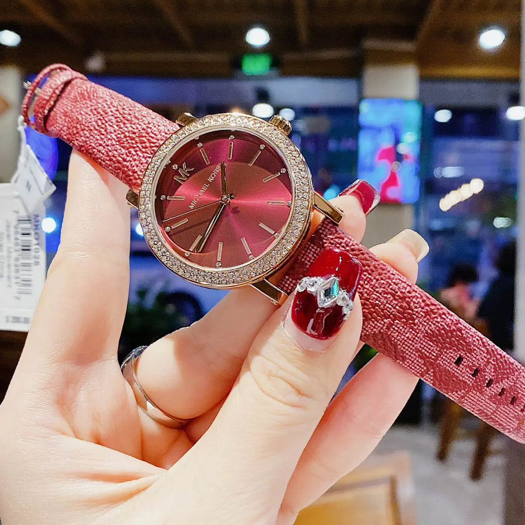 Women's Michael Kors Curie Watch, Red Dial and Red Leather Strap, Crystals - MKO1025