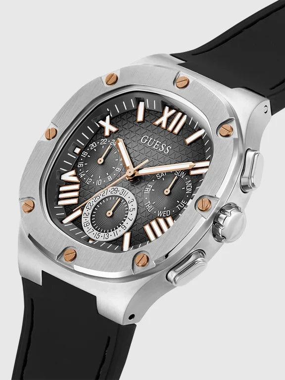 Montre multifonction GUESS homme bordeaux et gris acier, GW0571G1