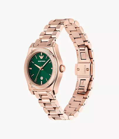 Montre Emporio Armani trois aiguilles avec date, en acier inoxydable doré rose
