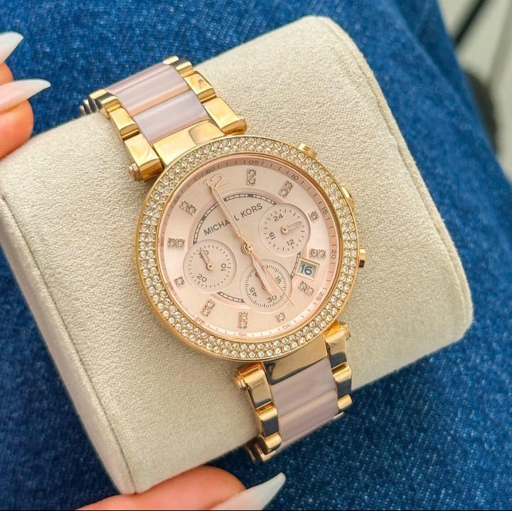 MK Montre Parker en acétate rose dragée et or rose